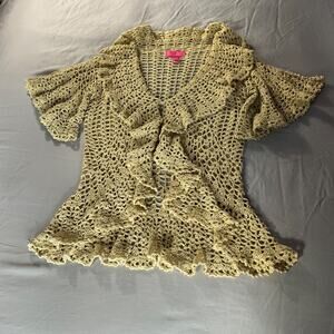 Y2K Vtg Betsey Johnson Cream Crochet Lace Knit Cardigan Open Sweater Size M-L